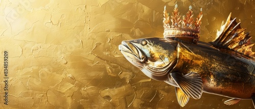 A coelacanth wearing a royal crown and cape, on a solid gold background with copy space photo