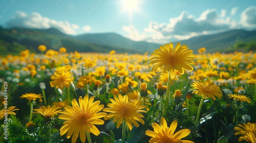 Fototapeta premium A field of bright yellow wildflowers basks in the warm sunlight with picturesque hills in the background
