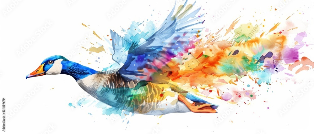 A cute watercolor of a goose, with rainbow feathers and a playful expression, gliding through a futuristic cityscape, Clipart isolated on white A cute watercolor of a goose, with rainbow feathers and a playful expression, gliding through a futuristic cityscape, Clipart isolated on white