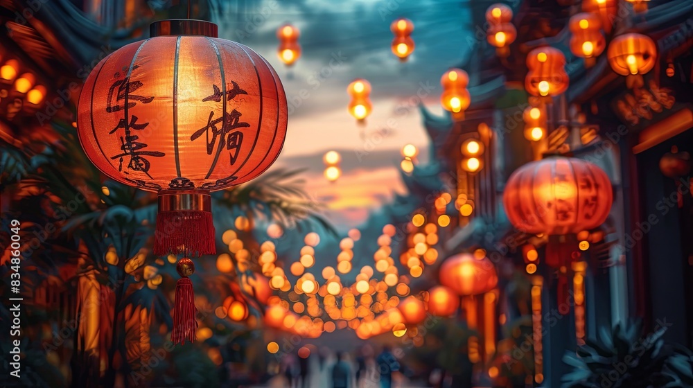 Fototapeta premium Chinese lanterns line a bustling street, offering a colorful, festive vibe amidst the fading daylight that illuminates an Asian district
