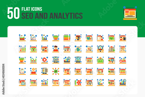 Set of 50 SEO And Analytics icons related to Search, Analytics, SEO, Website Flat Icon collection