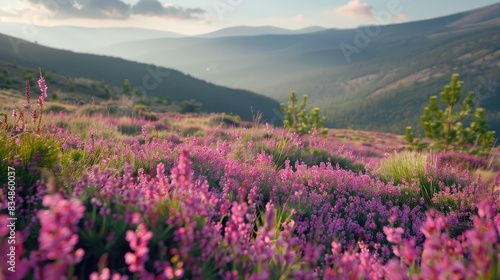Heather in Pink Bloom adorns the slopes of the mountains