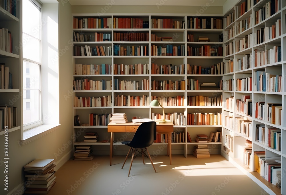study room at home. wall covered with books, daylight, bright colors, wooden parquet floor study room at home. wall covered with books, daylight, bright colors, wooden parquet floor
