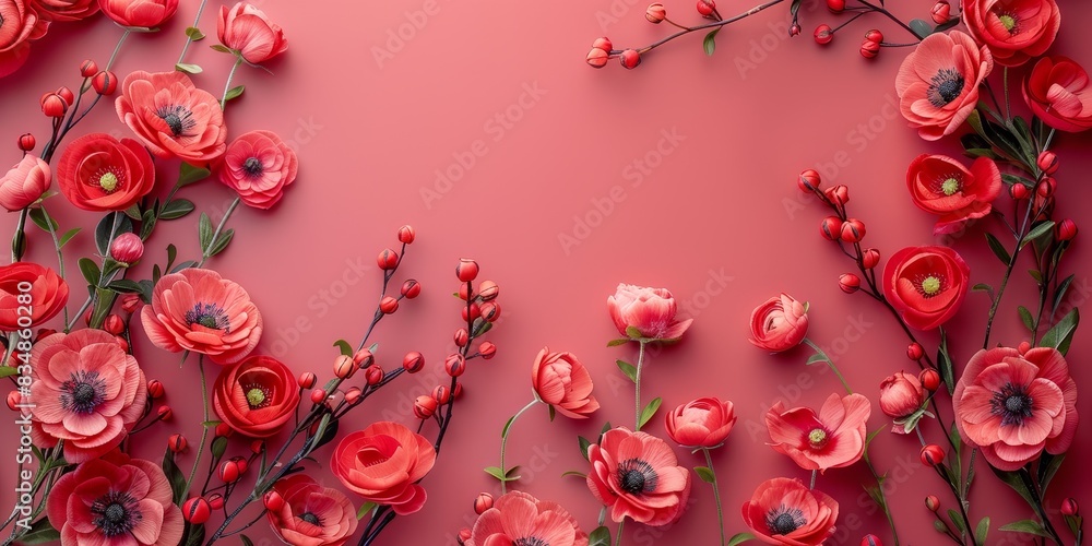 Red poppies and buds arranged on a pink background, creating a vibrant and elegant floral border, ideal for spring themes, wedding invitations, or romantic designs, banner with copy space Red poppies and buds arranged on a pink background, creating a vibrant and elegant floral border, ideal for spring themes, wedding invitations, or romantic designs, banner with copy space