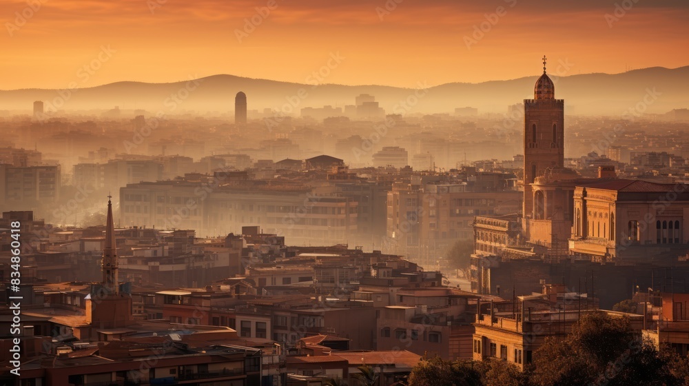 Naklejka premium cityscape bathed in the warm hues of sunrise, 