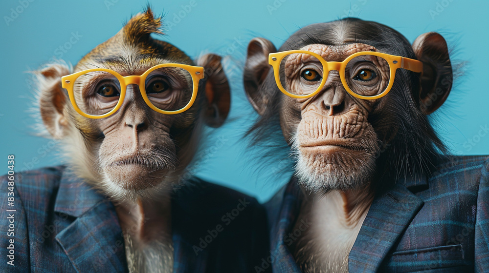 Fashionable Monkeys in Business Suits and Glasses on Blue Background Fashionable Monkeys in Business Suits and Glasses on Blue Background