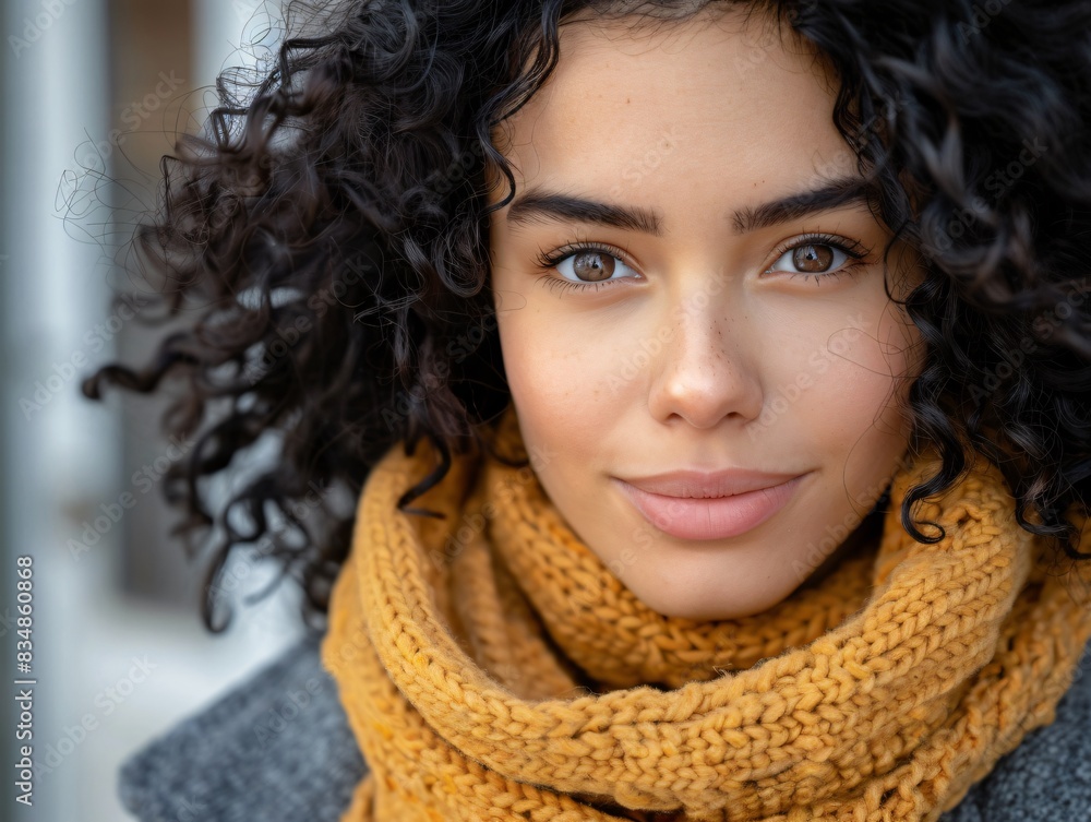 Curly-haired woman in yellow scarf and gray coat Curly-haired woman in yellow scarf and gray coat