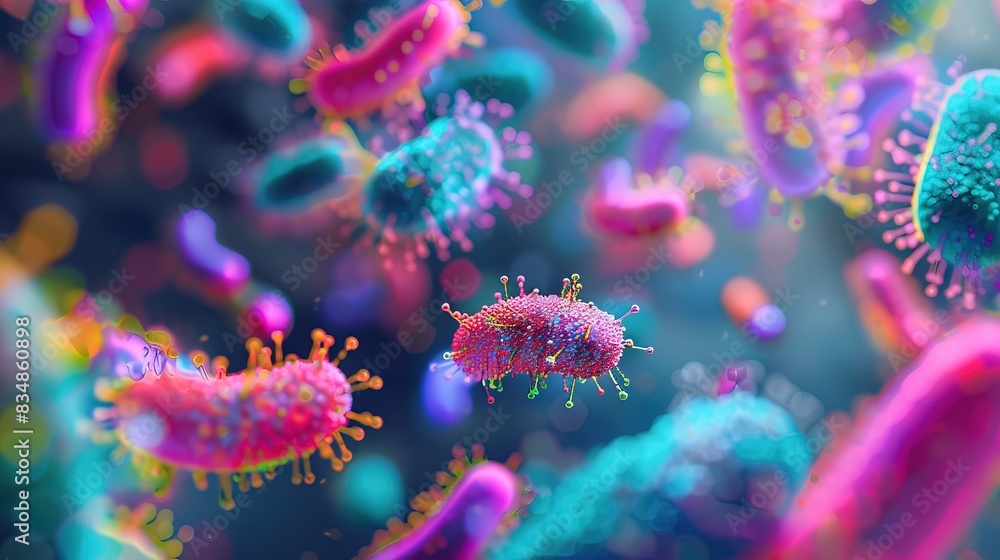 Concept of microscopic microbiome view of bacteria culture in the gut, healthy microorganisms, pathogen and cells macro shot, colorful biology and virology background Concept of microscopic microbiome view of bacteria culture in the gut, healthy microorganisms, pathogen and cells macro shot, colorful biology and virology background