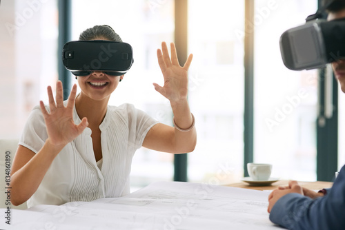 Business woman  VR headset and creativity for teamwork with futuristic innovation and software review in office. Virtual reality  worker girl and 3d tech with collaboration for metaverse experience