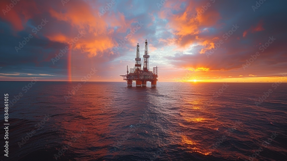 An offshore oil drilling platform set against a dramatic ocean sunset with radiant clouds An offshore oil drilling platform set against a dramatic ocean sunset with radiant clouds