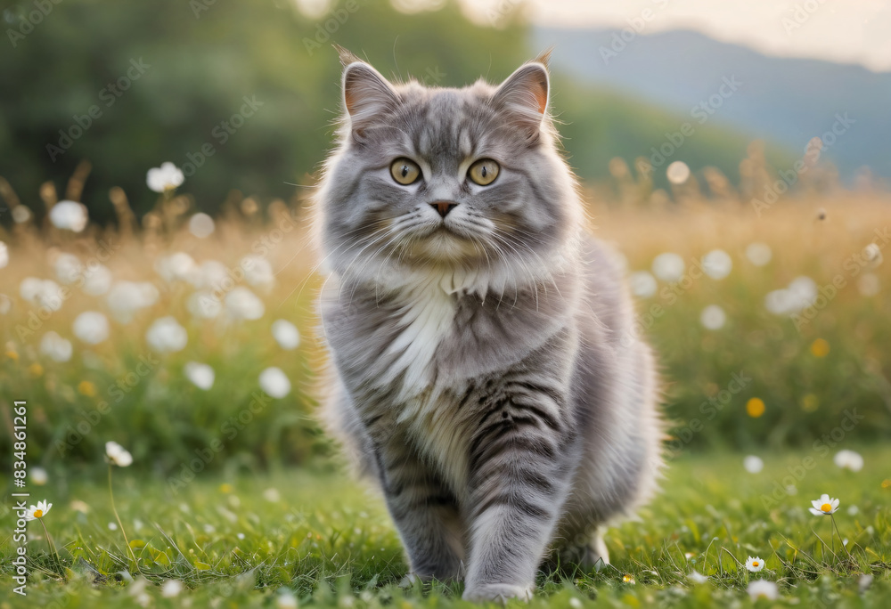 Obraz premium Gray cat in grass filed