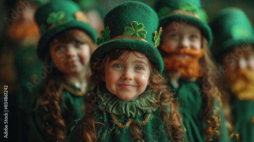 Precious little girl in traditional Irish dress and beard for St Patrick's Day, showing cultural festivity and cuteness