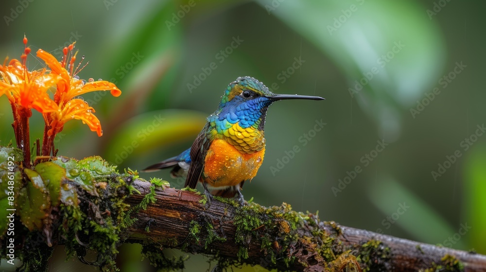 Fototapeta premium A vibrant hummingbird perched on a branch with orange flowers against a soft background