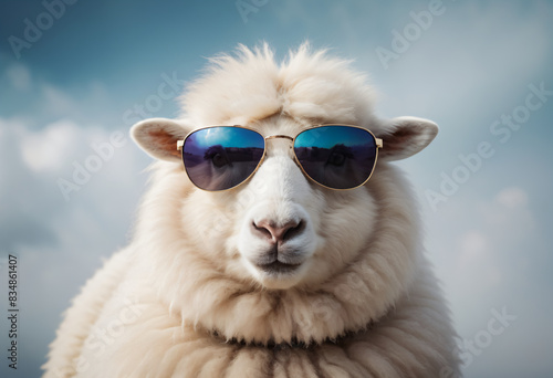 Sheep wear sunglass on sky background