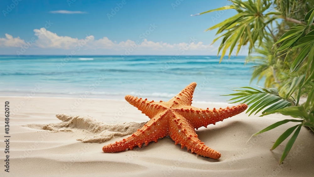 Summer poster background of starfish and palm leaf on beach Summer poster background of starfish and palm leaf on beach