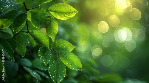 Fresh water drops sparkle on lush green leaves, with light bokeh in the background for a refreshing scene