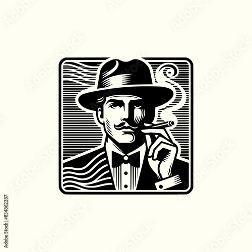 man wearing hat and tuxedo smoking with lines wave art style vector illustration