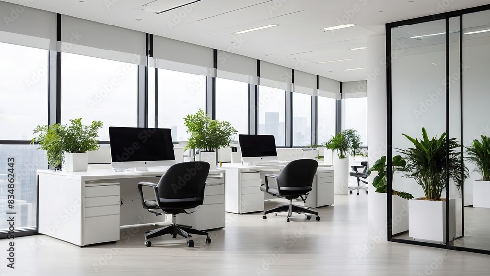 Modern white and blue open space office interior Modern white and blue open space office interior