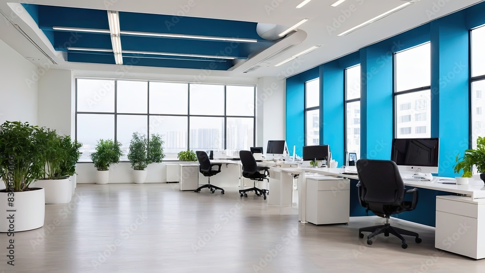 Fototapeta premium Modern white and blue open space office interior