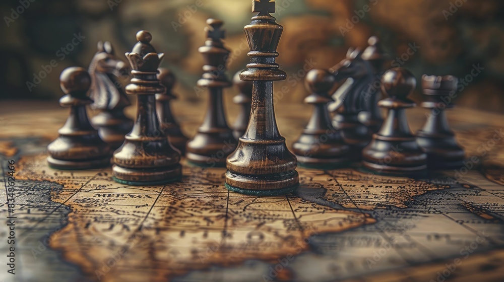 Chess pieces on a map, strategizing for a world unseen, intricate details, high contrast between pieces and the map, intellectual and strategic tone, dramatic lighting, realistic style. Chess pieces on a map, strategizing for a world unseen, intricate details, high contrast between pieces and the map, intellectual and strategic tone, dramatic lighting, realistic style.