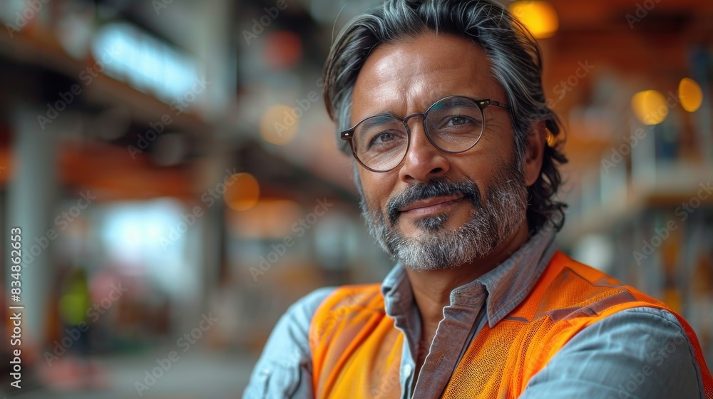 Portrait of a mature man with glasses and a safety vest in an industrial setting Focus on confidence and expertise Portrait of a mature man with glasses and a safety vest in an industrial setting Focus on confidence and expertise