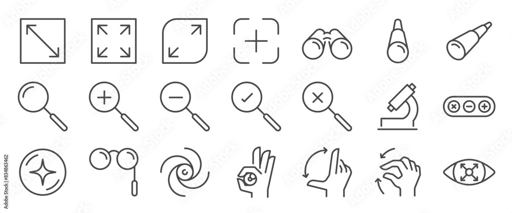 Zoom icon set. It includes expand, focus, maximize, stretchy, stretch, and more icons. Editable Vector Stroke. Zoom icon set. It includes expand, focus, maximize, stretchy, stretch, and more icons. Editable Vector Stroke.
