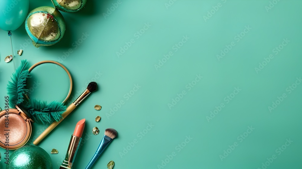 Carnival Atmosphere Fills Minimalist Corner Display of Cosmetics on Seafoam Green Backdrop Carnival Atmosphere Fills Minimalist Corner Display of Cosmetics on Seafoam Green Backdrop
