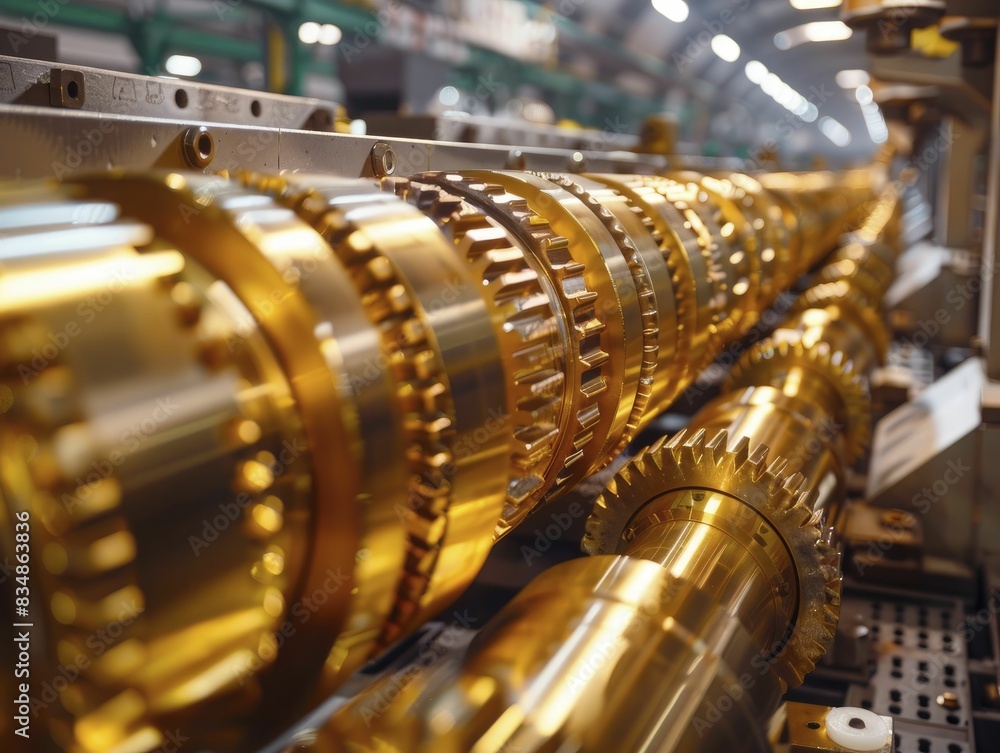 Gold production line, side view of synchronized machinery, highlighting precision and industrial efficiency, capturing detailed manufacturing shots.