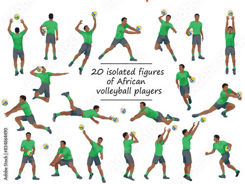 African volleyball team players in green T-shirts in various poses training, running, jumping, throwing, hitting the ball