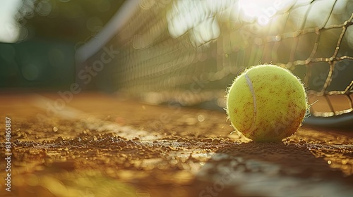 The tennis ball basked in the sun on a clay court, embodying unwavering dedication and love for the sport, with the net and racket in view, a moment of focus and determination. photo