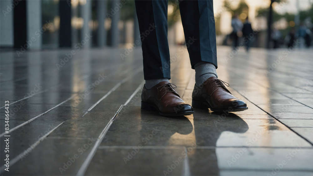 Businessman's legs in stylish brown leather shoes standing on an empty street. Businessman's legs in stylish brown leather shoes standing on an empty street.