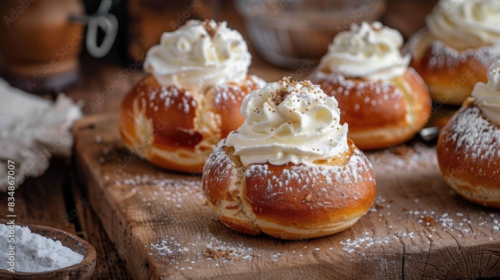 Swedish semla topped with whipped cream displayed on a wooden surface Swedish semla topped with whipped cream displayed on a wooden surface