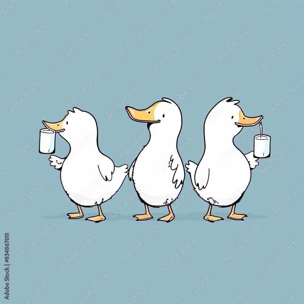 Adorable cartoon ducklings following each other, holding milk bottles. Minimalist cartoon illustration of cute ducklings in a row. 