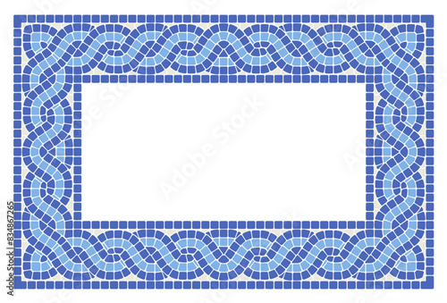 Square frame with interlacing mosaic braids, greek pattern with interweaving tiling border, mosaic pigtails, vector