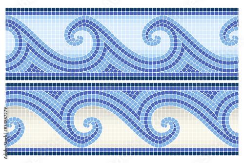 Greek style mosaic border with waves, seamless sea pattern in portuguese or roman style, decorative line ornament, vector