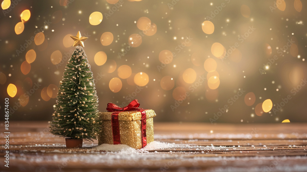 christmas tree toy and gifts on the wooden table, bokeh background, celebration christmas tree toy and gifts on the wooden table, bokeh background, celebration