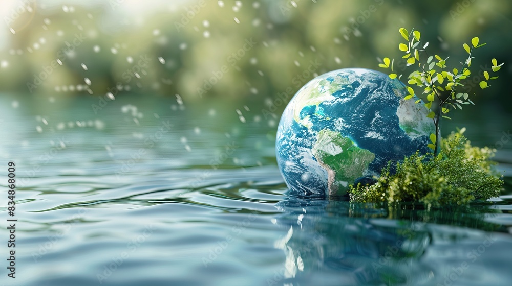 World environment and earth day concept with blue globe and eco friendly enviroment, sink in water World environment and earth day concept with blue globe and eco friendly enviroment, sink in water
