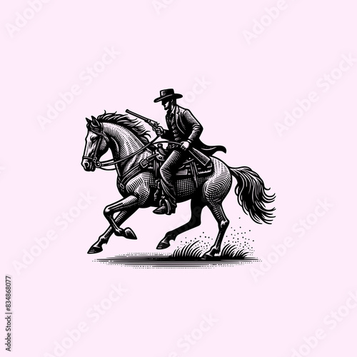 country side wildwest cowboy riding horse with gun vector illustration