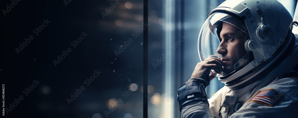 Fototapeta premium Astronaut Looking Out Window at Sunset