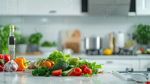 a modern kitchen with a white countertop, featuring a glass bowl filled with fresh salad and other vegetables, an oil bottle, a salt shaker, and a wooden spoon.