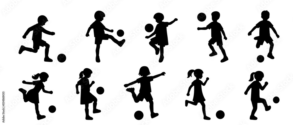 Children playing football silhouette black filled vector Illustration icon Children playing football silhouette black filled vector Illustration icon