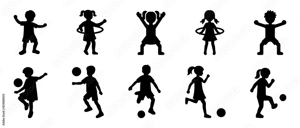 Little boys and girls. Children activity silhouette black filled vector Illustration icon Little boys and girls. Children activity silhouette black filled vector Illustration icon