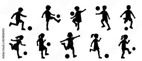 Children playing football silhouette black filled vector Illustration icon