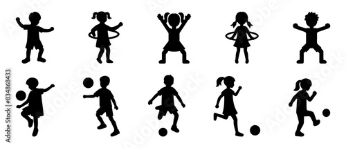 Little boys and girls. Children activity silhouette black filled vector Illustration icon