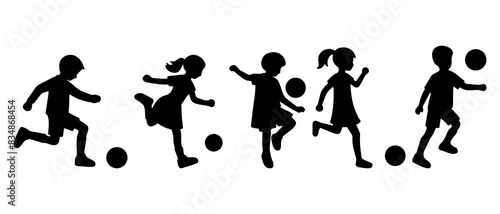 Children playing football silhouette black filled vector Illustration icon photo