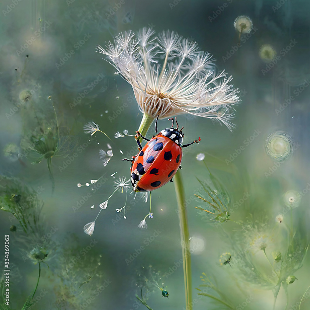 Obraz premium Dandelion Dreams: Tiny Hero Takes Flight on a Windy Wish