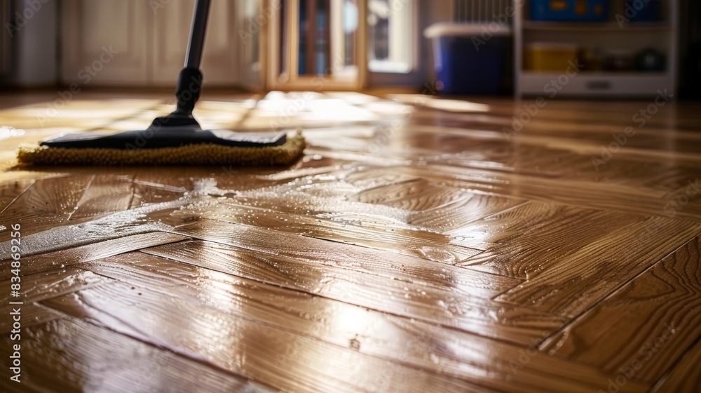 Deep cleaning parquet floor with mop and foam cleanser. Microfiber mop with cleaning solution, creating visible foam. Deep cleaning parquet floor with mop and foam cleanser. Microfiber mop with cleaning solution, creating visible foam.