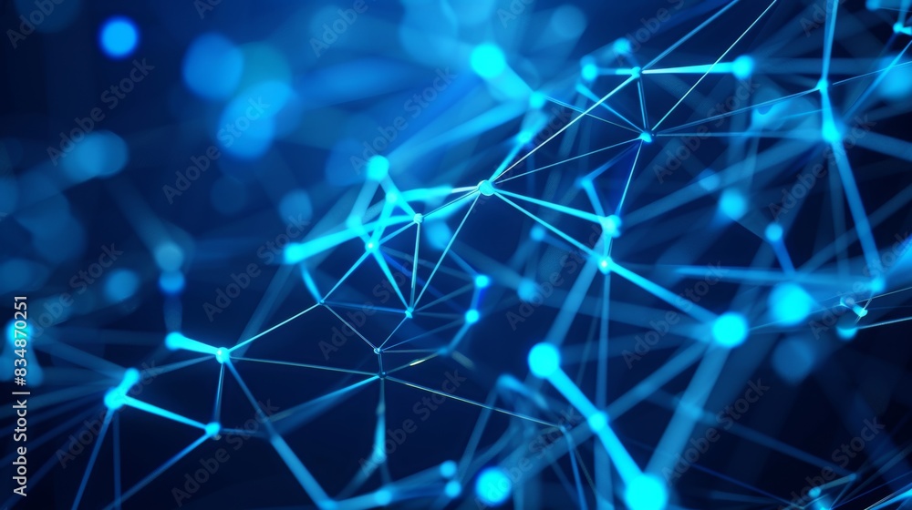 Minimalistic network of glowing blue nodes and lines forming abstract geometric shapes, dark blue background, high-tech digital connections, futuristic feel, depth of field effect, clear and crisp Minimalistic network of glowing blue nodes and lines forming abstract geometric shapes, dark blue background, high-tech digital connections, futuristic feel, depth of field effect, clear and crisp