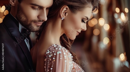 High-fashion couple in glamorous evening wear. Luxurious fashion photography with a romantic touch.