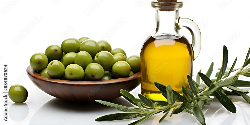 Closeup of glass bottle of olive oil with olives isolated on white. Concept Food Photography, Closeup Shots, Olive Oil Bottle, Isolated Background, Product Photography Closeup of glass bottle of olive oil with olives isolated on white. Concept Food Photography, Closeup Shots, Olive Oil Bottle, Isolated Background, Product Photography